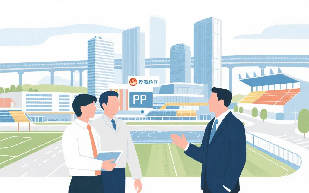PPP 合作结构示意：政府、主权基金、开发商与运营方在城市体育综合体旁协同