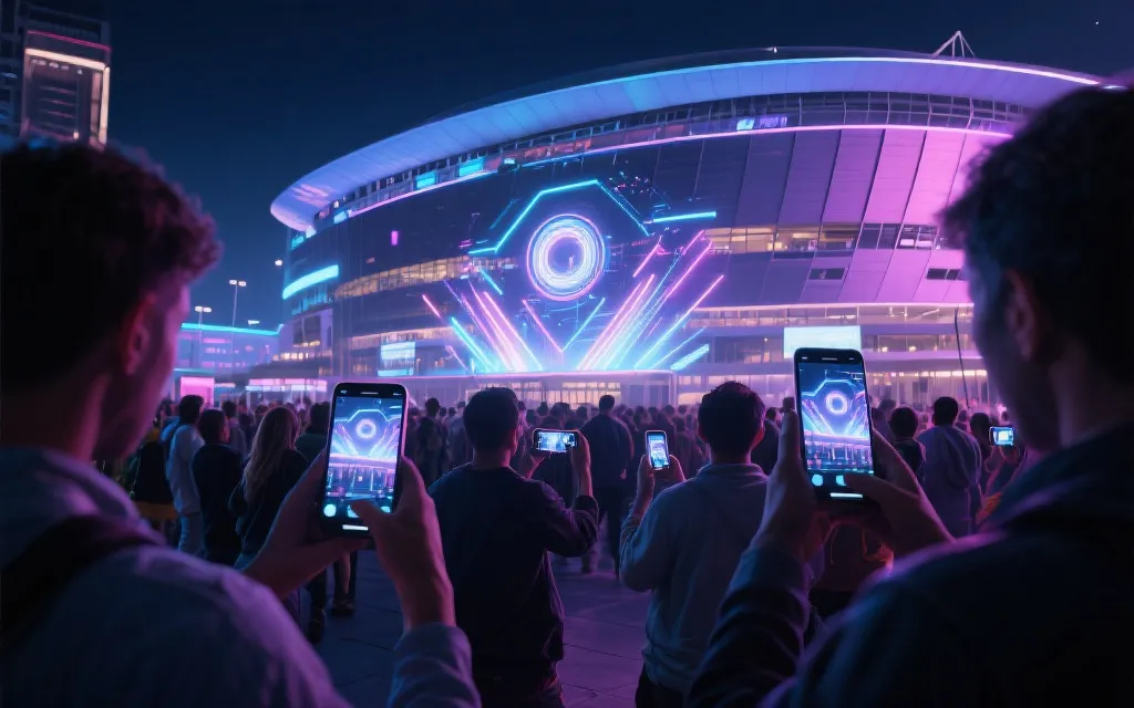 球迷在体育场外使用手机AR与实时数据叠加的沉浸式观赛场景
