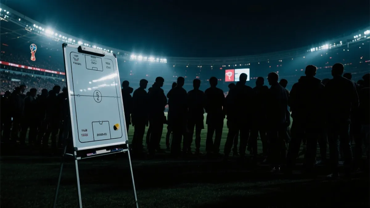 世界杯淘汰赛氛围下的战术板与紧张球迷剪影