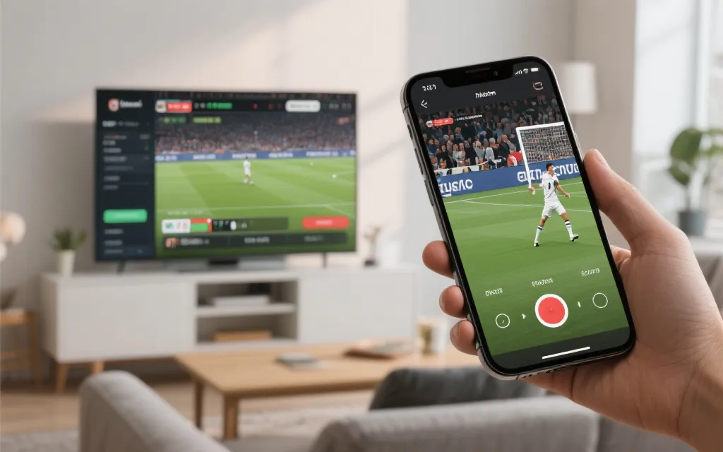 手机与电视同屏观看体育直播的画面，强调高清与稳定